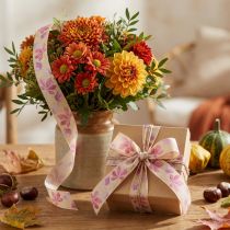 Artikel Geschenkband Polyester mit Herbstlaub-Motiv 25mm x 20m Beige Lila Rosa