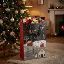 Artikel Geschenktasche Weihnachtsmotiv Winterdorf aus Pappe H30cm 2 Stk