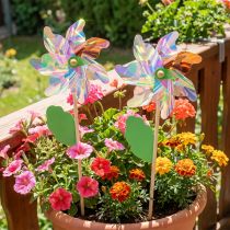 Artikel Windrad Blume mit Blatt aus Holz und Kunststoff, irisierende Farben, Ø 24 cm, 2 Stück