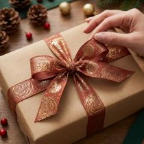 Artikel Geschenkband Rotbraun mit goldenen Rosen 25mm x 15m für Dekoration