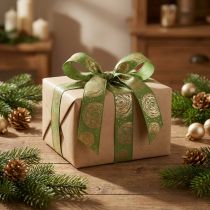 Artikel Geschenkband Grün Gold mit Rosenmuster 25mm x 15m für Dekoration