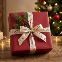 Artikel Geschenkband Stoff Beige mit Zuckerstangen-Motiv 25mm x 15m für weihnachtliche Dekoration