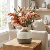 Artikel Metall Deko-Vase mit Henkel Ø16cm H17cm Creme/Grau/Gold für Trockenblumen und Kunstpflanzen