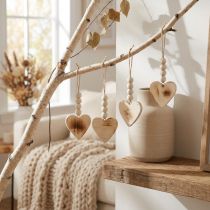 Artikel Holzherzen 8cm Dekohänger mit Jutekordel und Holzperlen, Natur, 6 Stück