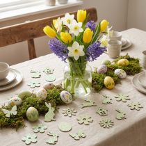 Artikel Streudeko Holz Frühling/Ostern, 2–4 cm, Grün, 64-teilig, Motive: Blumen, Schmetterlinge, Hasen