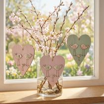 Artikel Holzdeko Herz mit Vogelmotiv, 16 cm, Natur, Rosa & Grün, Set mit 6 Anhängern