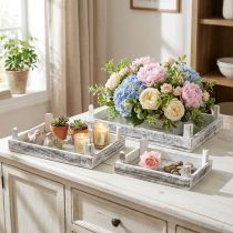Artikel Dekotablett 3er-Set Holz Weiss Shabby Chic mit Drahtgitter (20x10x7cm, 28x18x7cm, 38x24x7cm)
