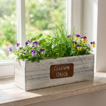 Artikel Pflanzgefäss Holz weiss gewaschen 35x12cm mit Edelrost-Schild