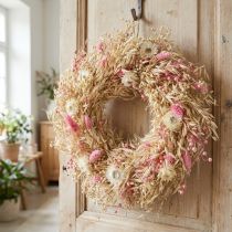 Artikel Dekokranz Hafer Natur Ø29cm mit rosa Strohblumen für Tisch- und Wanddekoration