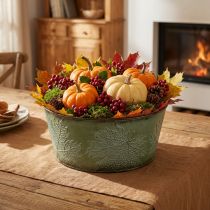 Artikel Pflanzschale aus Metall mit Ahornblättern, Grün, Ø25 cm, Höhe 11 cm, Herbstdeko