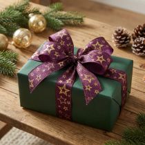 Artikel Sternenband aus Polyester – Weihnachtsband mit Sternenmuster, Lila/Gold, 25mm x 15m