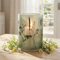 Artikel Windlicht Glas Weiss Grün Wiesenmotiv H24cm