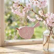 Artikel Deko Vogel Holz Rosa mit Metallblume 15×8,5cm als Frühlingshänger