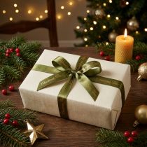 Artikel Weihnachtsband aus Polyester Grün Gold 15mm x 20m mit Schriftzug „Christmas Time“
