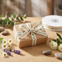 Artikel Geschenkband Baumwolle 15mm x 20m Creme mit Grünen Blättern