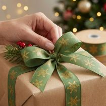 Artikel Stoffband Weihnachten aus Polyester, Schneeflocken-Motiv, Grün-Gelb, 25mm x 15m