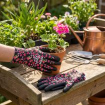 Artikel Kixx Gartenhandschuhe aus Polyester mit Latex-Beschichtung, Schwarz mit Rosa Blüten, Grösse 8