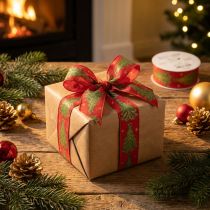 Artikel Geschenkband Stoff 40mm 15m Tannenbaum und Sterne Rot Grün Gold