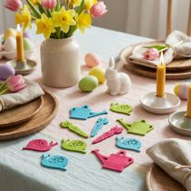 Artikel Streudeko Holzfiguren Kanne Schnecke Möhre 4–6 cm in Blau, Grün, Pink – Set mit 72 Stück