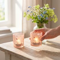 Artikel Windlicht aus Glas mit Blumenmotiv in Rosa 8cm