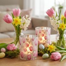 Artikel Windlicht Glas Tulpenmotiv 12,5 cm Rosa Weiss Frühling Dekoration Innen 2 Stück