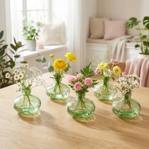Artikel Bauchige Minivase aus grünem Glas Ø9cm H6cm – Set aus 6 Stück für vielseitige Dekoration