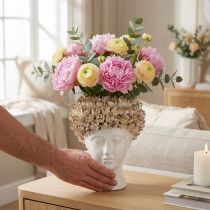 Artikel Kopf-Keramikvase mit Rosen-Dekor, Weiss-Braun, Ø19cm, H22,5cm, für Blumen