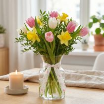 Artikel Geschenkband mit Tulpenmotiv aus Polyester, 2,5 cm x 18 m, rosa-weiss