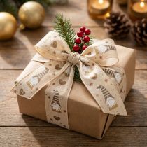 Artikel Dekoband Stoff beige mit Wichteln und Herzen 40mm x 15m für Weihnachtsdekoration