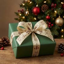 Artikel Geschenkband mit Rentier-Motiv, Drahtkante, 25mm x 18m, Creme-Braun
