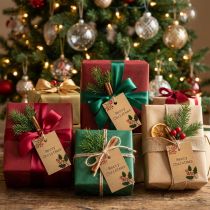 Artikel Geschenkanhänger Papier Naturbraun 8,5×5,5 cm Merry Christmas Stechpalme 20 Stück