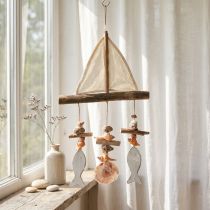 Artikel Windspiel Segelschiff mit Holzfischen Weiss Natur H56 cm