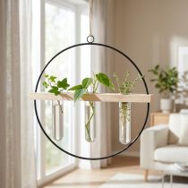 Artikel Hängende Deko-Vase mit Metallring und Holzlatte, Schwarz, 29 cm, 3 Reagenzgläser