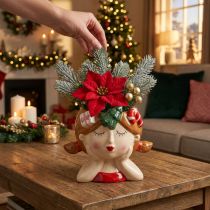 Artikel Pflanzkopf aus Keramik Mädchenfigur H17cm mit Weihnachtsdetails