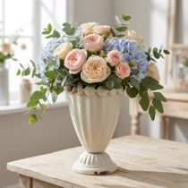 Artikel Kleine Pokalvase aus Metall, 10 cm, cremeweiss mit Zierrand, für Trockenblumen, Vintage-Deko