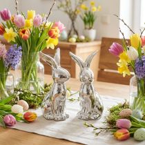 Artikel Dekofigur Osterhase Keramik sitzend 18cm silber glänzend 2 Stück