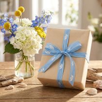 Artikel Geschenkband Blau mit Papierschiffchen, 15 mm x 20 m, 100% Polyester