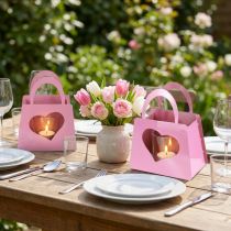 Artikel Windlicht Rosa Metall mit Glaseinsatz 18 cm Tasche Herzmotiv 2 Stück