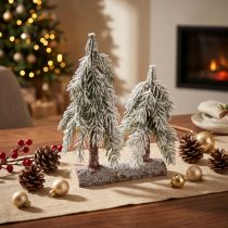 Artikel Tannenbaum Deko aus Kunststoff auf Holzsockel, Grün-Weiss, H 28 cm