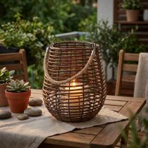 Artikel Deko-Windlicht aus Holz und Metall mit Glas, Korbform, Ø23cm, H27cm, Braun