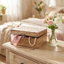 Artikel Holzschatulle mit Deckel, Schmuckbox, 20 × 20 × 9.5 cm, Natur/Weiss mit Blumenmotiv