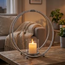Artikel Windlicht aus Metall mit Glaseinsatz Silber Ø33cm