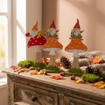 Artikel Holzdeko Pilze mit Wichtel, Herbstdeko, Fliegenpilz Rot/Orange, H21/19,5 cm, Set 4 Stück