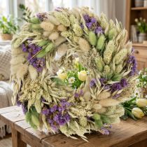 Artikel Trockenblumenkranz 26cm mit Gräsern und lila Akzenten für Tür und Tischdeko
