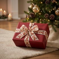 Artikel Geschenkband aus Stoff mit Bärenmotiv 40mm x 15m in Creme, Rot und Grün für Weihnachtsdekoration