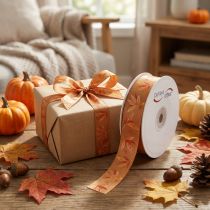 Artikel Geschenkband aus Polyester in Herbstfarben mit Blättermotiv 25mm x 18m