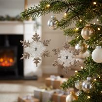 Artikel Christbaumschmuck Schneeflocke Kunststoff Glitter Perle 9cm Weiss Gold 2 Stück