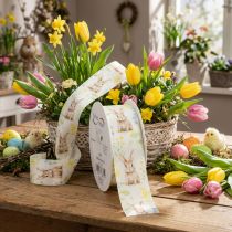 Artikel Geschenkband aus Polyester mit Ostermotiv Häschen, 15 m, Gelb-Weiss, 4 cm Breite