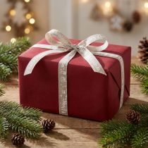 Artikel Weihnachtsband aus Kunststoff, 15 mm x 20 m, Beige mit weissem Merry-Christmas-Motiv