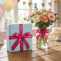 Artikel Geschenkband Polyester Rosa mit Happy Birthday Schriftzug 18m lang 1,5cm breit